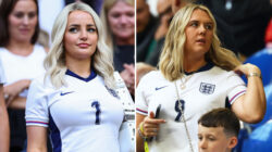 Istri Jordan Pickford, Megan, mengenakan kaus Inggris saat Wags menyemangati putra mereka di pertandingan pembuka Euro 2024 vs Serbia
