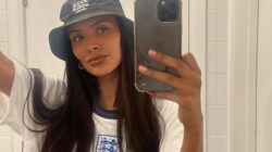 Maya Jama mengenakan kaus Tiga Singa saat memimpin rombongan selebriti pendukung Inggris di final Euro 2024