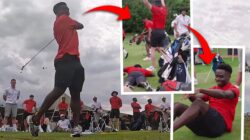 Bintang Inggris Bukayo Saka menggulung tas golfnya setelah berjalan menakjubkan saat para pemain beristirahat di semifinal Euro